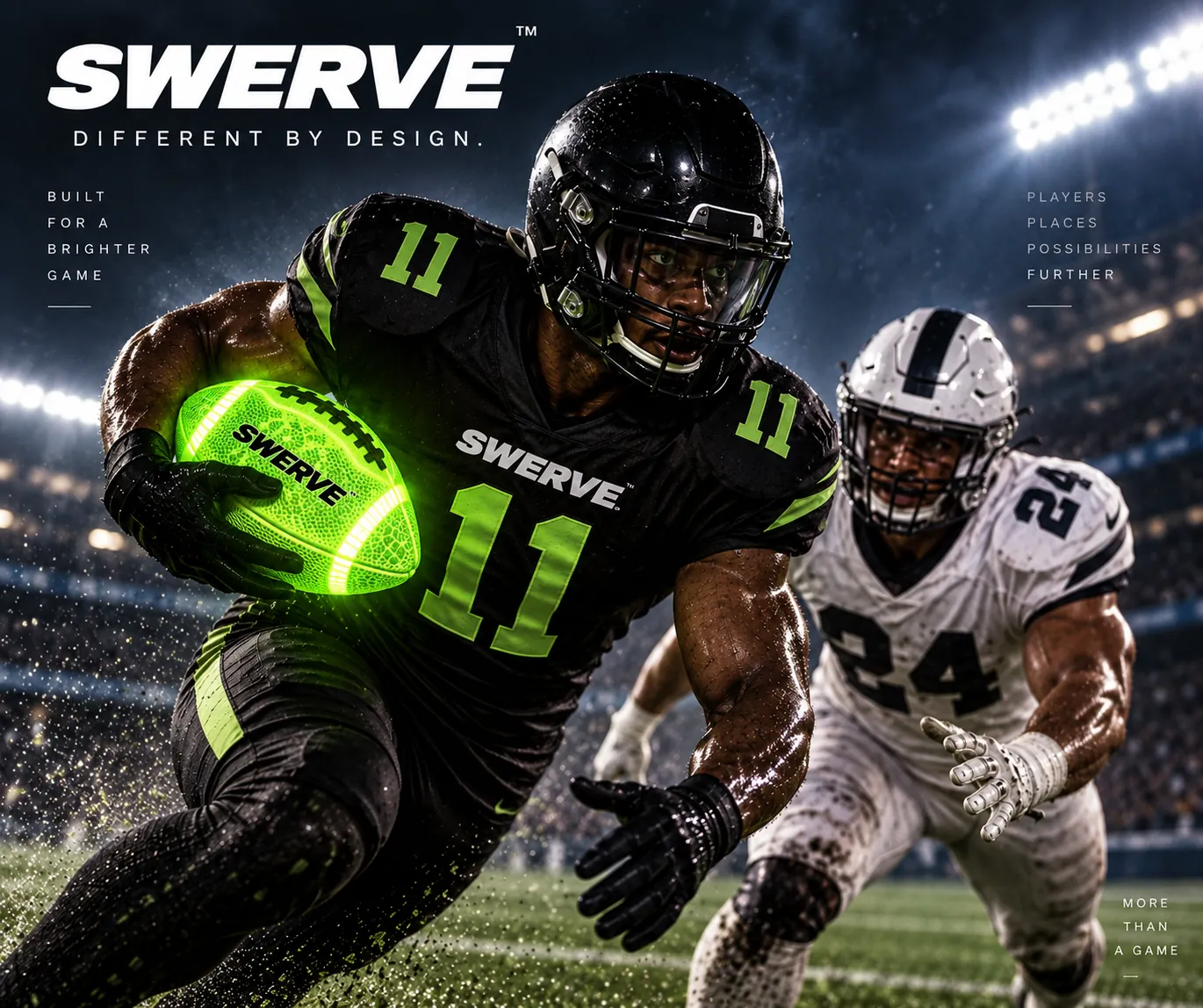 American football player carrying the luminous green SWERVE Gridiron Lime ball under stadium lights