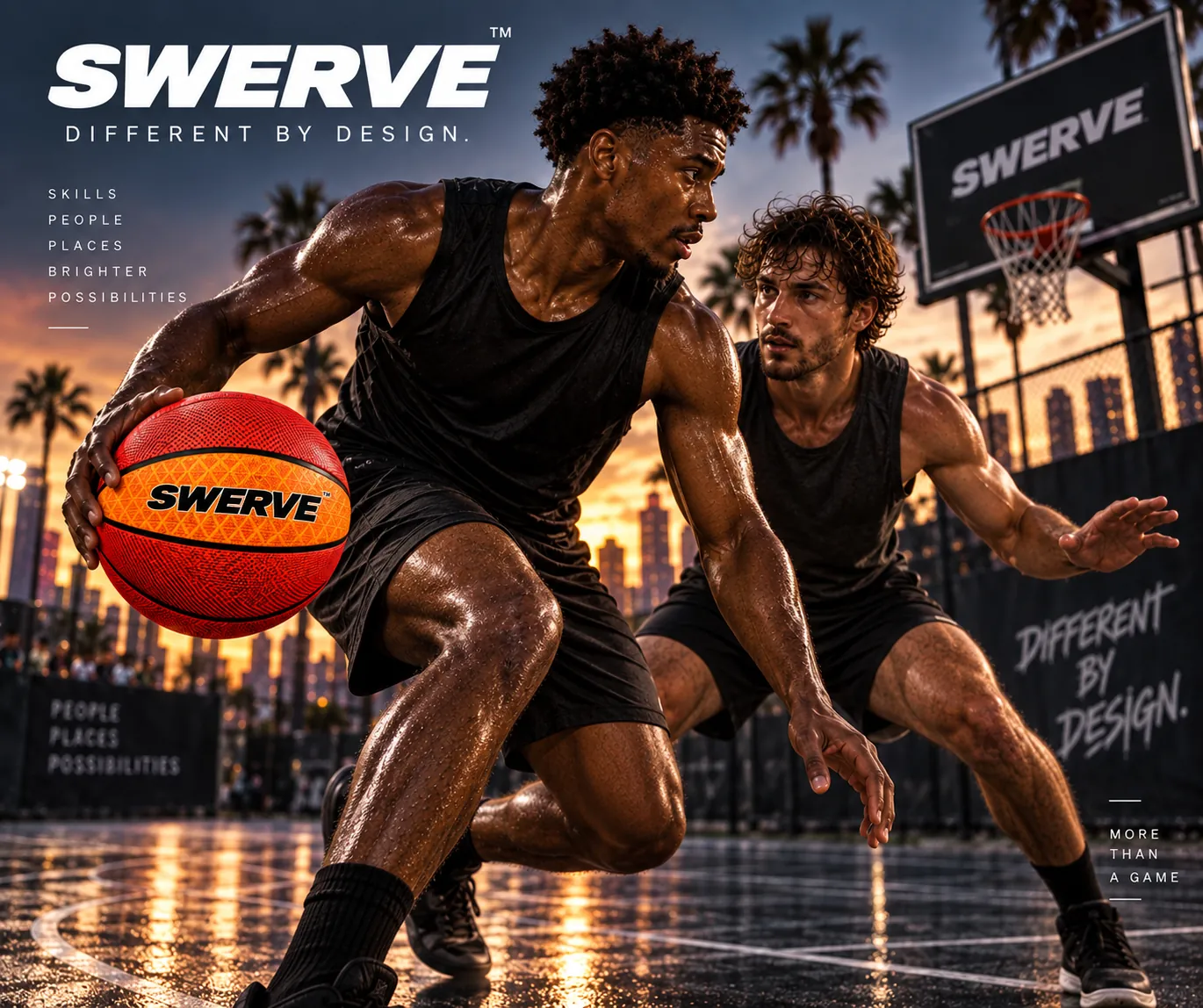 Street basketball player driving past a defender at sunset with a bright SWERVE basketball