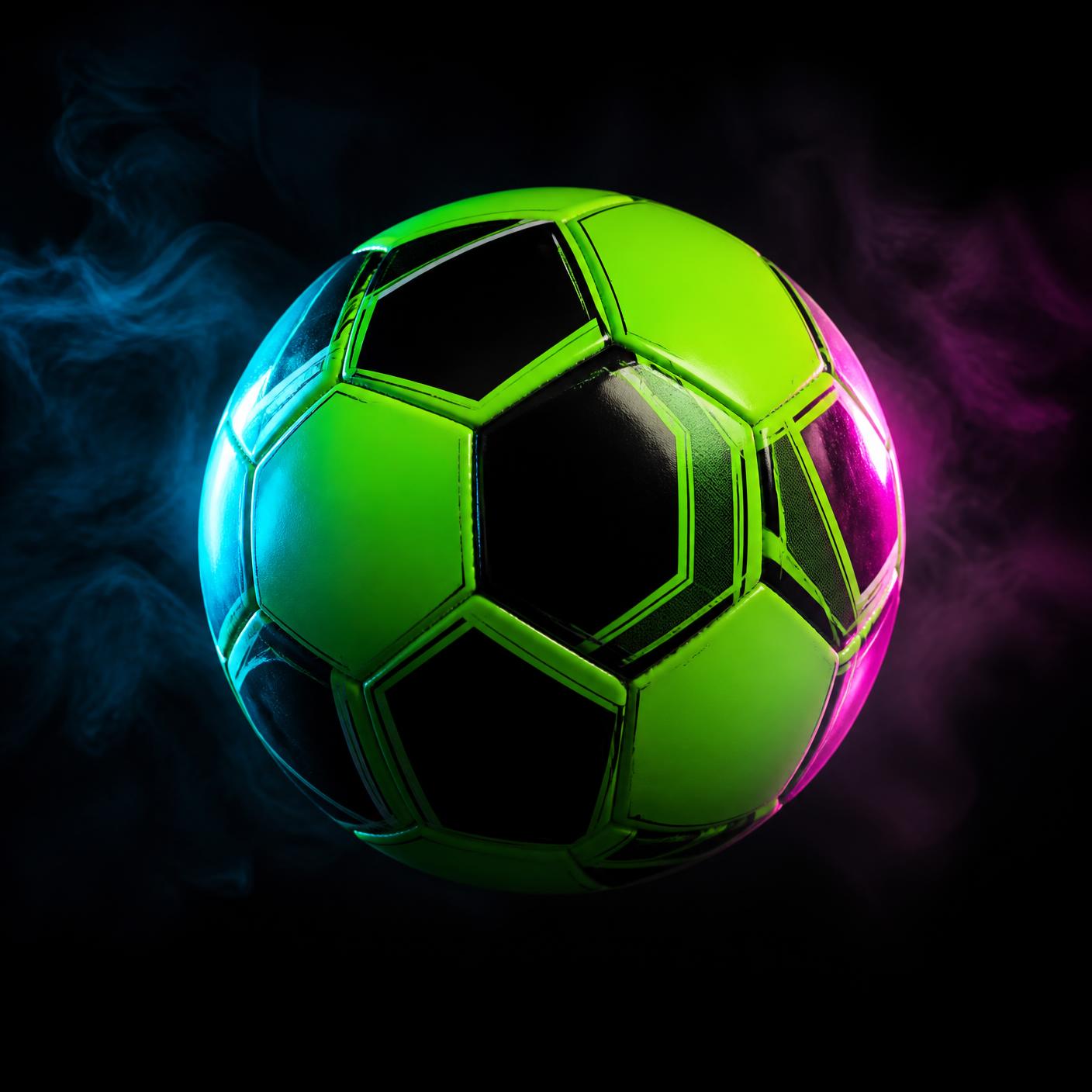 Neon lime and black SWERVE football lit with cyan and magenta studio light